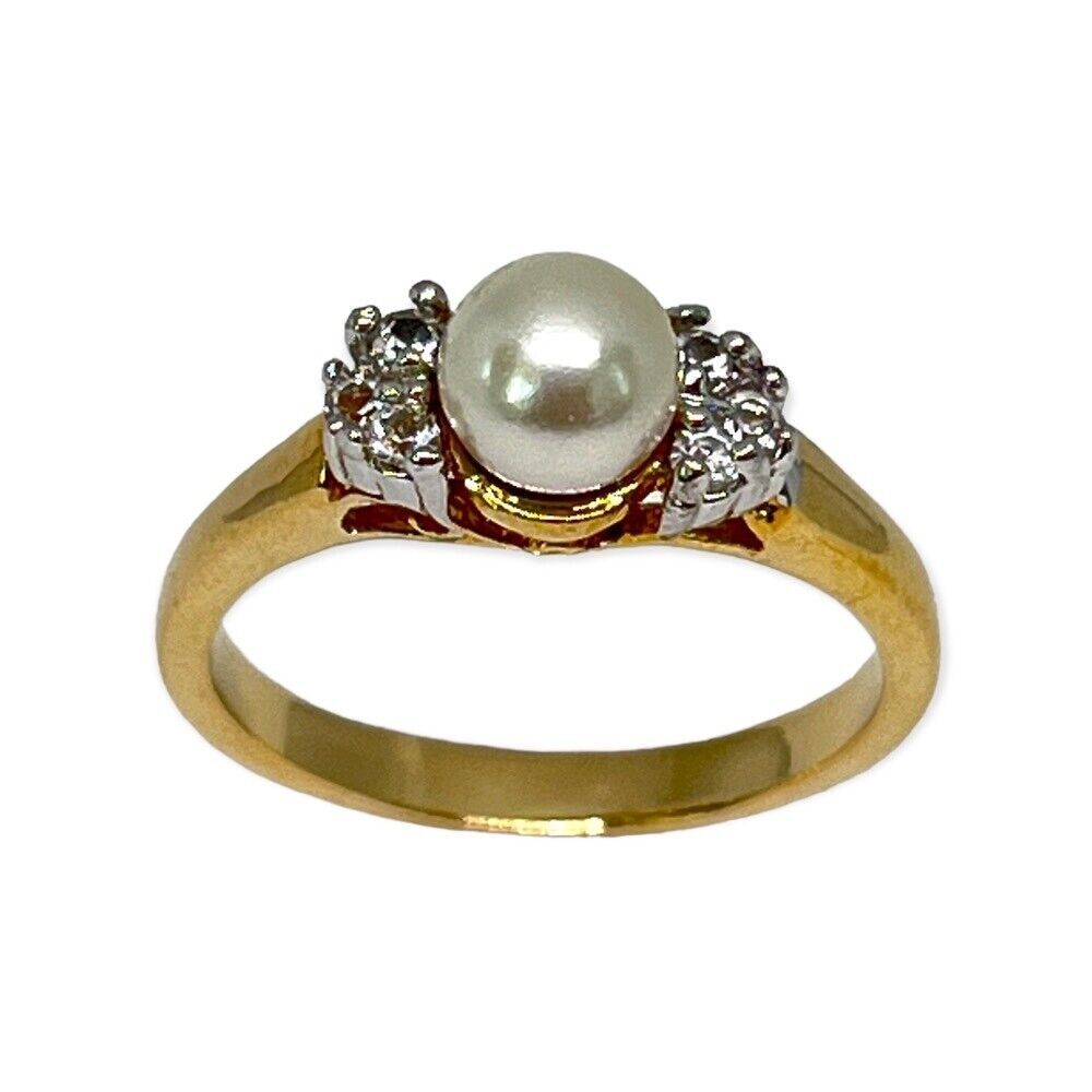 Vintage 1970s Ring Size 6 Simulated Pearl CZ Three Stone Gold Plated - 14M - Picture 13 of 15